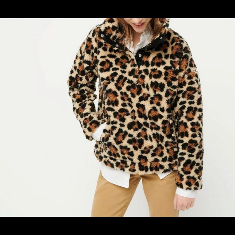 J. Crew Snap-Collar Sherpa Sweatshirt in Leopard